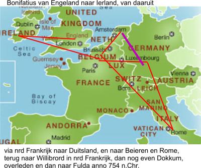 de Bonifatius route dwars door Europa heen en weer, tot aan 754 na Chr