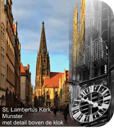 de Lamberti of Sint Lambertus Kirche of Kerk in Munster met als detail boven de klok zichtbaar de kooien waar o.m. Jan van Leiden werd ten toon gesteld