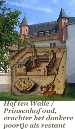 Hof ten Walle is de oude tekening afgezet tegen het restant van het donkere poortje van de Prinsenhof te Gent, ook de geboorteplek van Keizer Karel V