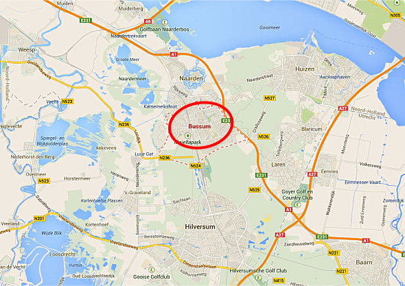 kaart plattegrond van Het Gooi in Noordholland met Bussum centraal