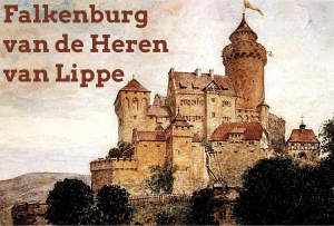 De befaamde Falkenburg bij Berlebeck / Detmold gebouwd in opdracht van de machtige Heren van Lippe, Bernhard II von Lippe en zijn zoon Herman II, dit is een ingekleurde tekening, er rest een ruine. Mogelijk familie van Prins Bernard von Lippe Biesterfeld, echtgenoot van Kon. Juliana 