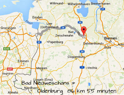 Route van Bad Nieuweschans in Groningen naar Oldenburg in Duitsland