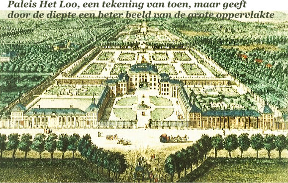 Een tekening van Paleis Het Loo in Apeldoorn, die een beter beeld geeft van het enorm grote complex in de breedte en de lengte, met recht een Lusthof