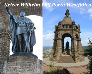 Keizer Wilhelm I van Pruisen en zijn standbeeld bij Porta Westfalica, zijn kanselier was Otto von Bismarck