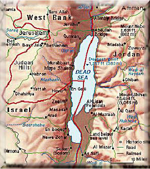 Dode Zee kaart oriëntatie tussen Jeruzalem en Jordanië, eindpunt van de Jordaan