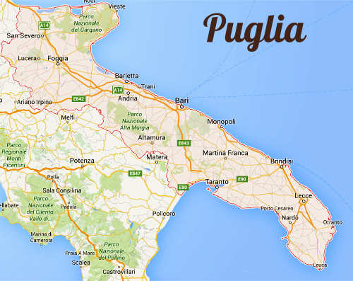Kaart van Puglia Italië zuid oost met hoofdstad Bari