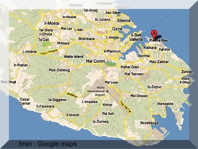 plattegrond op Malta waar fort Rinella op is te zien, bron : Google