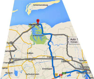kaart aanrij routes naar de haven van Lauwersoog voor de overtocht naar Schiermonnikoog