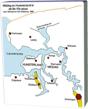 duidelijk zichtbaar de locatie van bijv Winsum, Ezinge, Noordhorn, Groningen Aduard aan het Lauwers- 'zeewater' waardoor economisch voordeel en kapers- nadeel