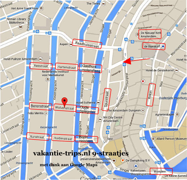 kaart plattegrond van Amsterdam mbt de 9-straatjes winkelregio