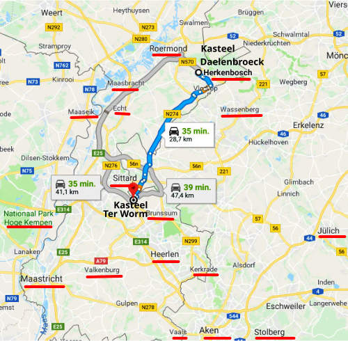 kaart Kasteel Daelenbroeck en Kasteel Terworm plus vakantiepark Brunssum